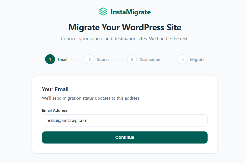 InstaMigrate start screen with the Email, Source, Destination and Migrate steps and the email field for migration status updates