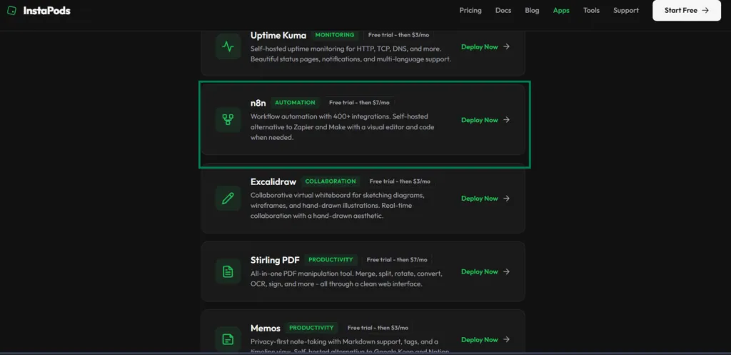 Deploying the pre-built n8n app from the InstaPods one-click marketplace