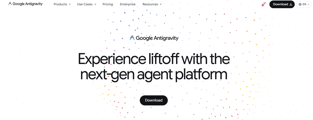 The Google Antigravity homepage at antigravity.google, with the headline Experience liftoff with the next-gen agent platform and a Download button.