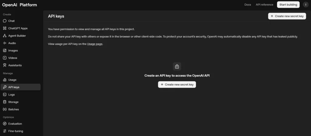 Creating a new secret key on the OpenAI platform API keys page