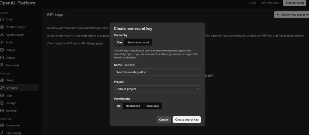 Naming the new OpenAI API key and copying it before the dialog closes