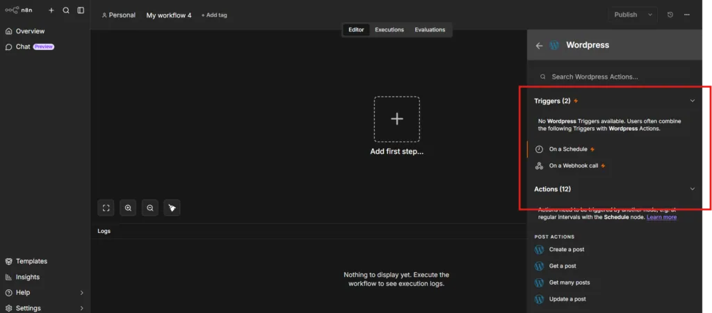 The n8n WordPress node listing Schedule and Webhook triggers and WordPress post actions