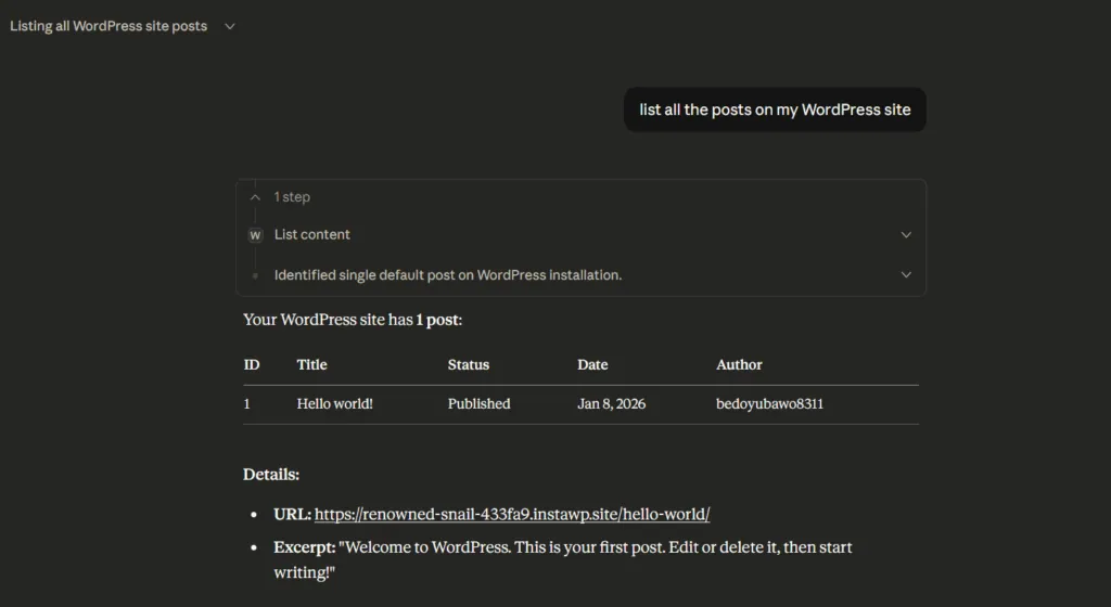 Claude Desktop returning a list of WordPress posts through the MCP connection