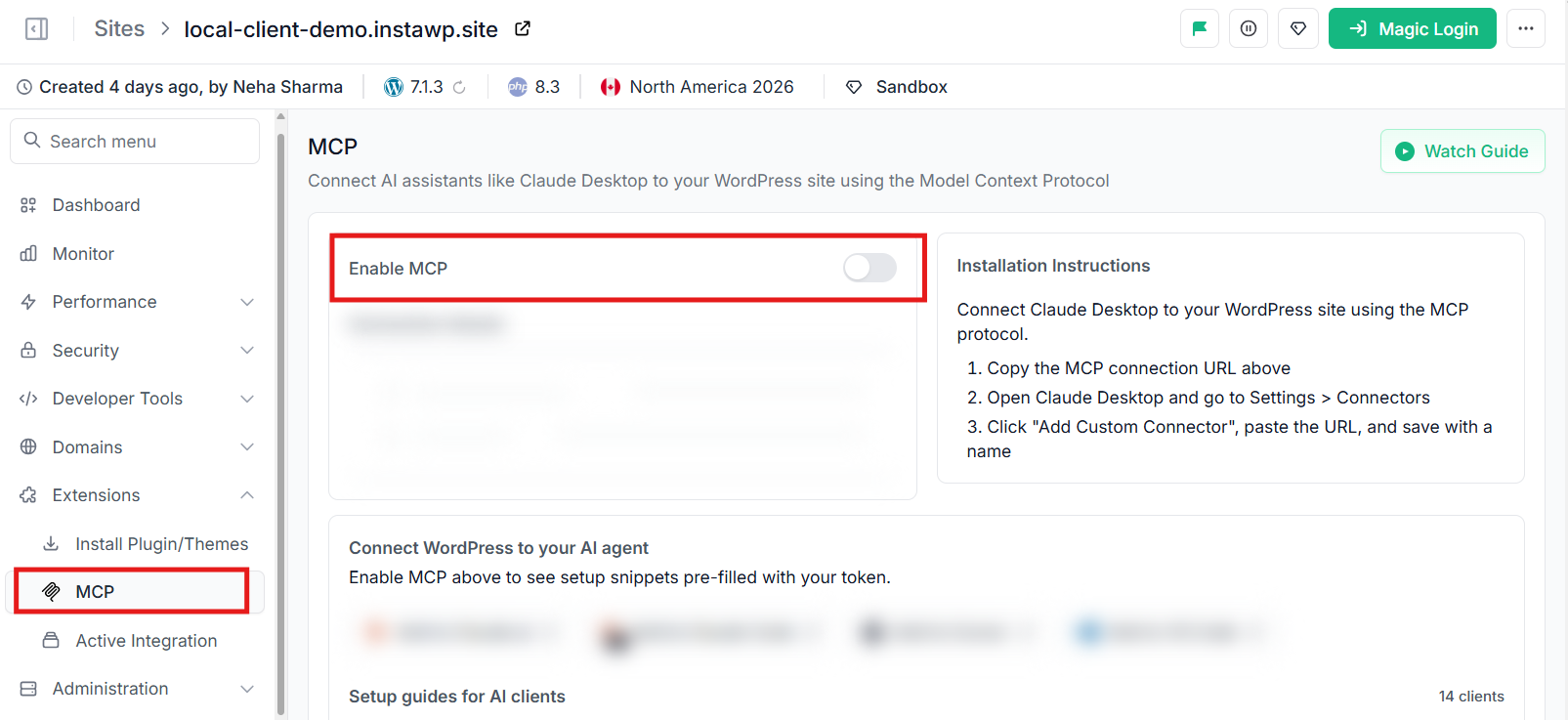 The MCP page of an InstaWP site, opened from Extensions, then MCP in the site menu, with the Enable MCP switch that turns on InstaMCP for that site