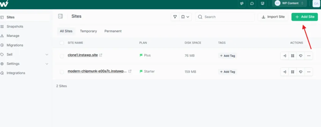 Creating a new WordPress sandbox site inside the InstaWP dashboard, with the site name and configuration fields filled in