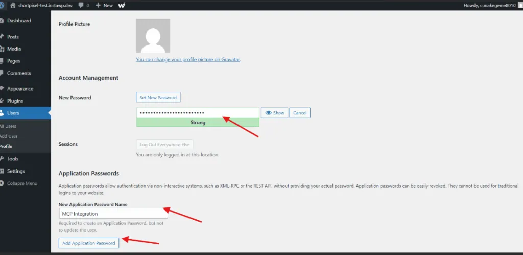WordPress Application Passwords dialog showing a newly generated password for the MCP connection