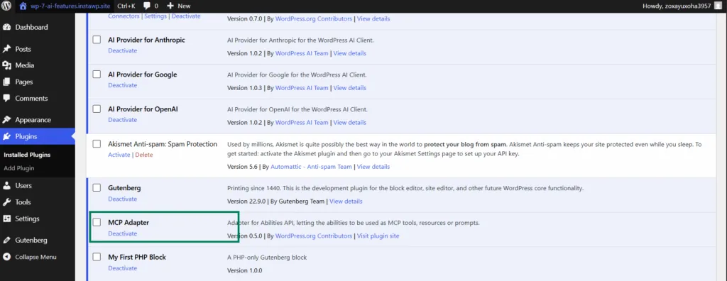 The MCP Adapter plugin showing as active in the WordPress plugins list