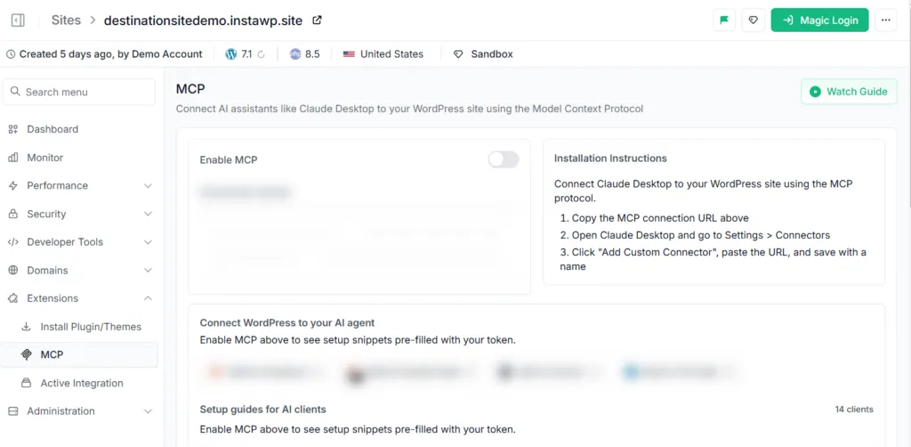 The MCP tab in the InstaWP site dashboard, reached through Extensions, with the Enable MCP toggle and setup guides for AI clients