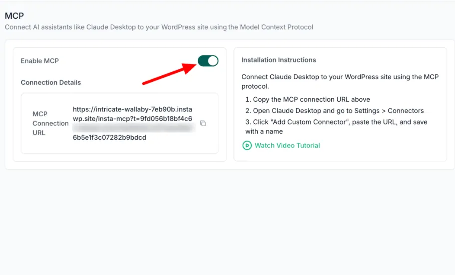 Enable MCP switched on in the InstaWP dashboard, showing the InstaMCP connection URL under Connection Details
