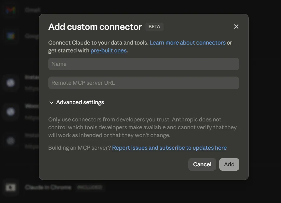 Claude Desktop settings open on the Connectors panel, with Add Custom Connector selected and the InstaWP MCP URL pasted in