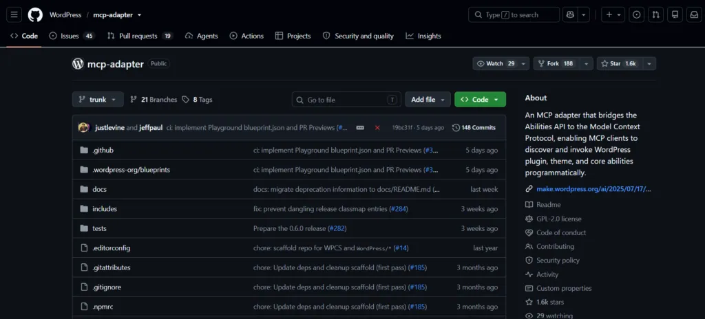 The WordPress mcp-adapter repository on GitHub, where the MCP Adapter plugin release ZIP is downloaded