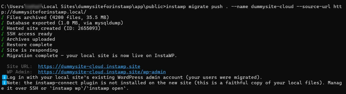 Terminal output of instawp migrate push reporting Migration complete with the new site URL and WP Admin link