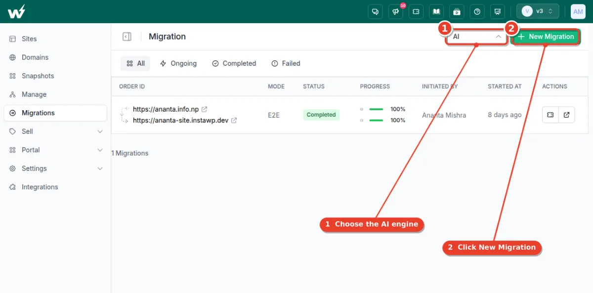 InstaWP Migrations dashboard with the AI engine selected and the New Migration button, listing a completed E2E migration