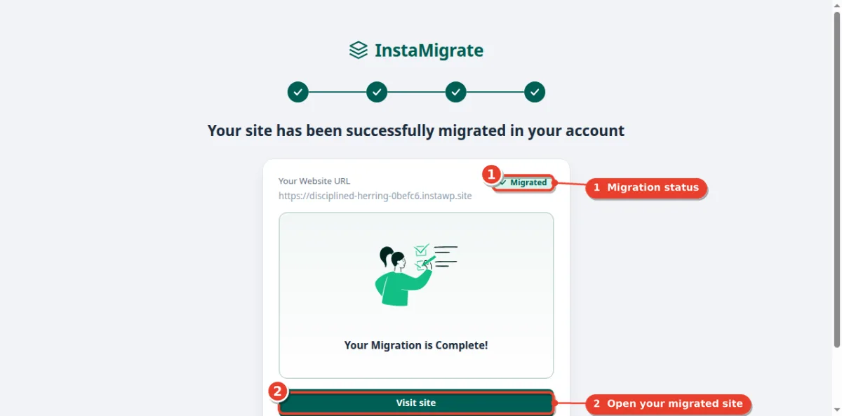 InstaMigrate Your Migration is Complete screen with a Migrated badge and a Visit site button