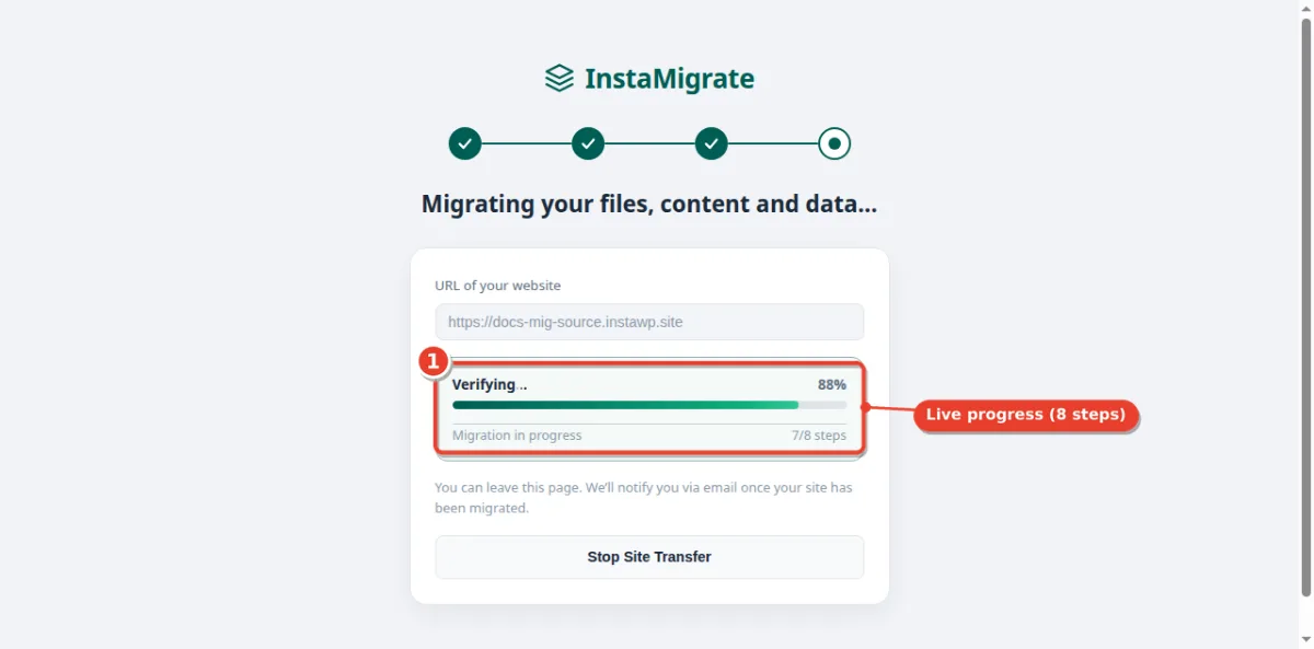InstaMigrate migrating files, content and data with a live progress bar at step 7 of 8, Verifying