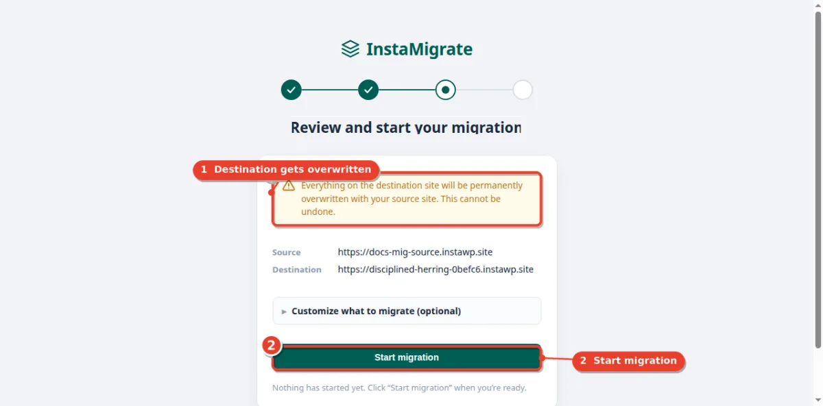 InstaMigrate review screen with source and destination URLs, the overwrite warning and the Start migration button