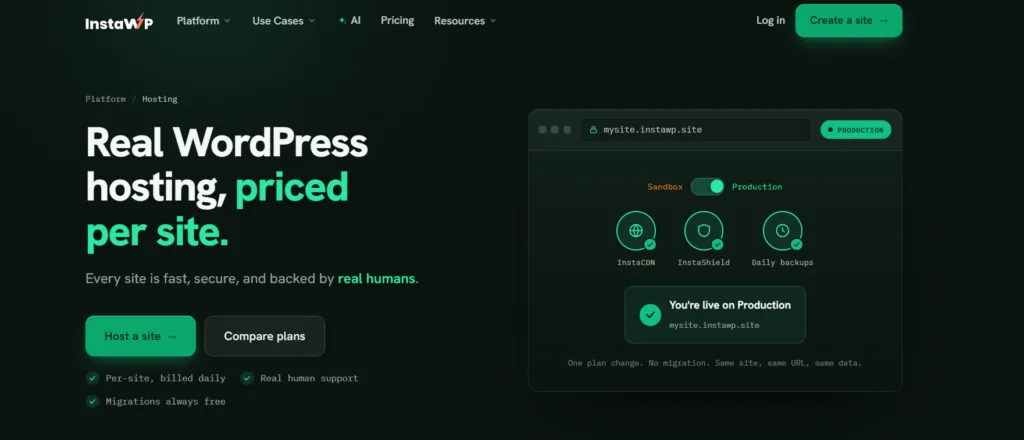 InstaWP managed WordPress hosting: a Sandbox to Production toggle with InstaCDN, InstaShield and daily backups on the same site URL