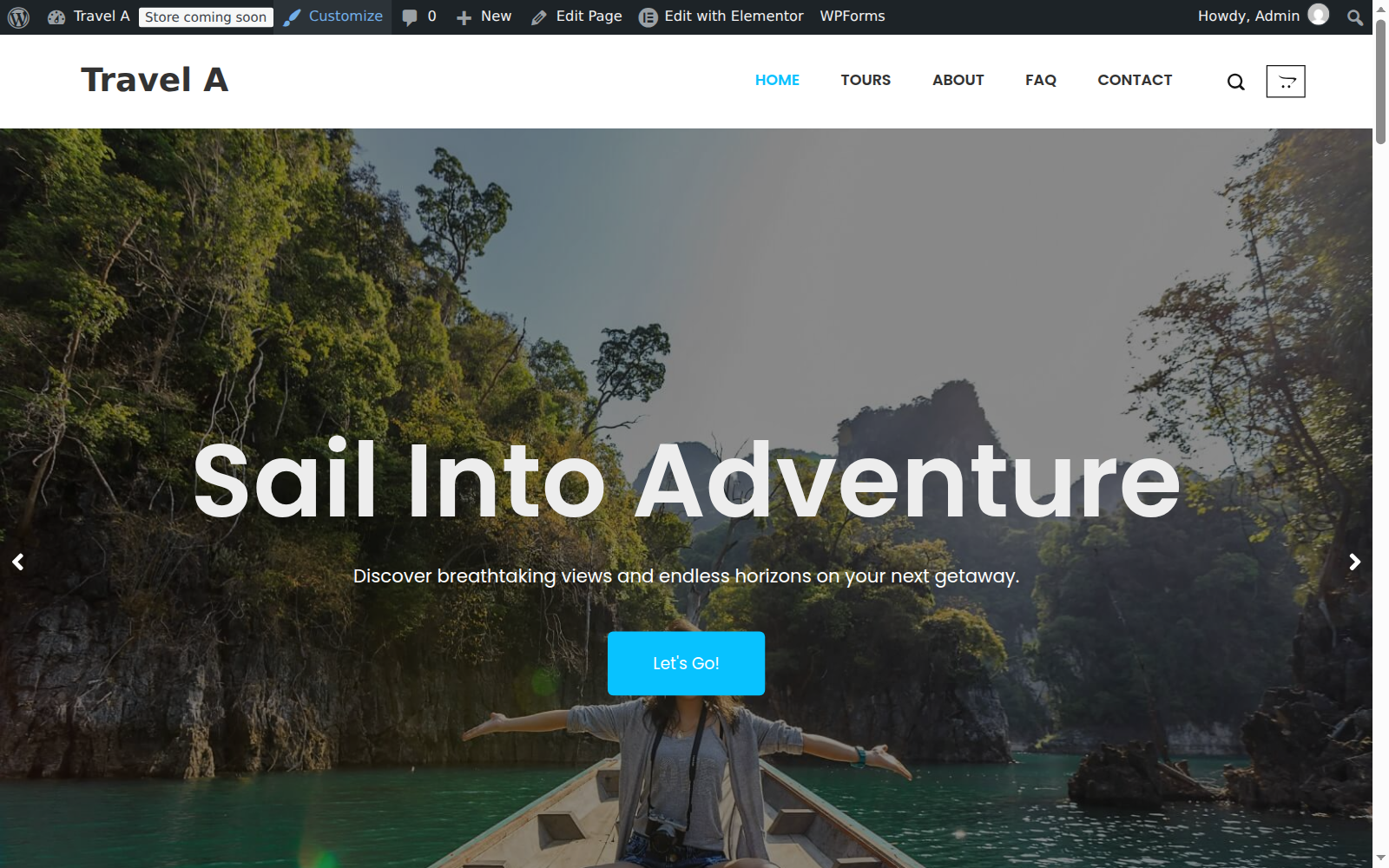 Imported site front end with the Customize link in the WordPress admin bar