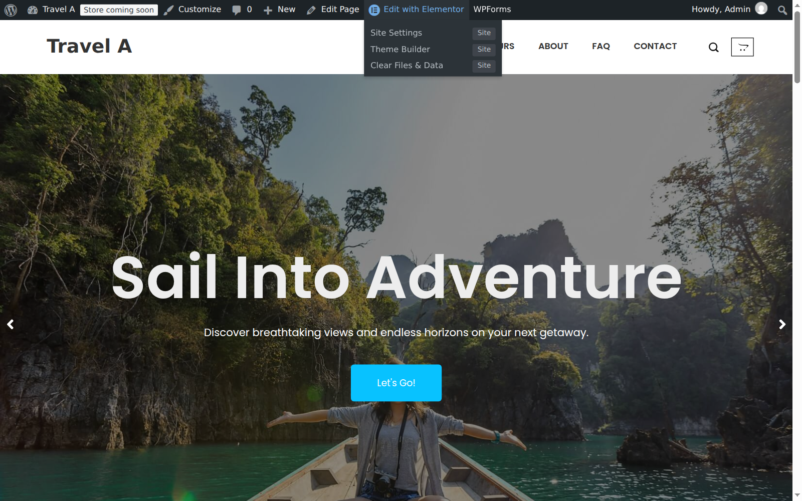 Imported site front end with the Edit with Elementor menu open in the admin bar