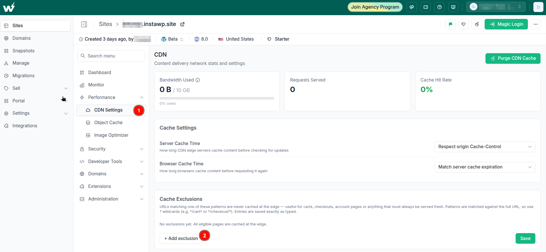 InstaWP CDN Settings page on a Starter site: Bandwidth Used out of 10 GB, Requests Served, Cache Hit Rate, Purge CDN Cache button, Server and Browser Cache Time, and Cache Exclusions