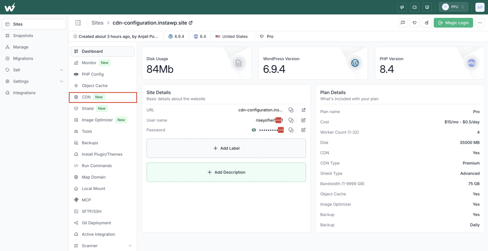 InstaWP site dashboard for a Pro site with the CDN menu item highlighted and Plan Details showing CDN Yes, CDN Type Premium, Shield Advanced and 75 GB bandwidth