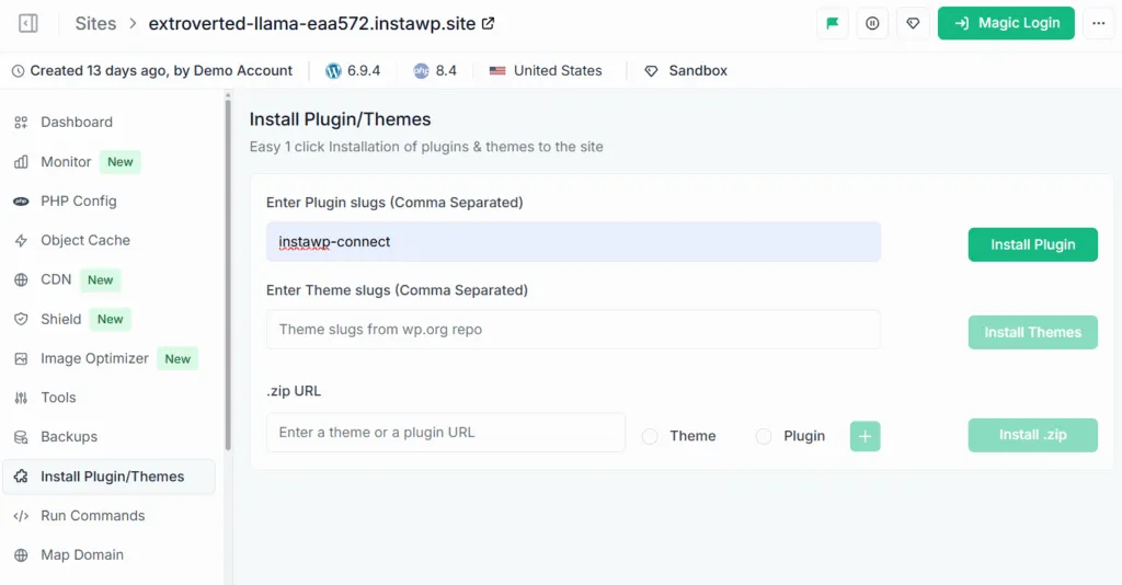 Installing the InstaWP Connect plugin by its slug, instawp-connect, from the Install Plugin/Themes tool in the InstaWP dashboard