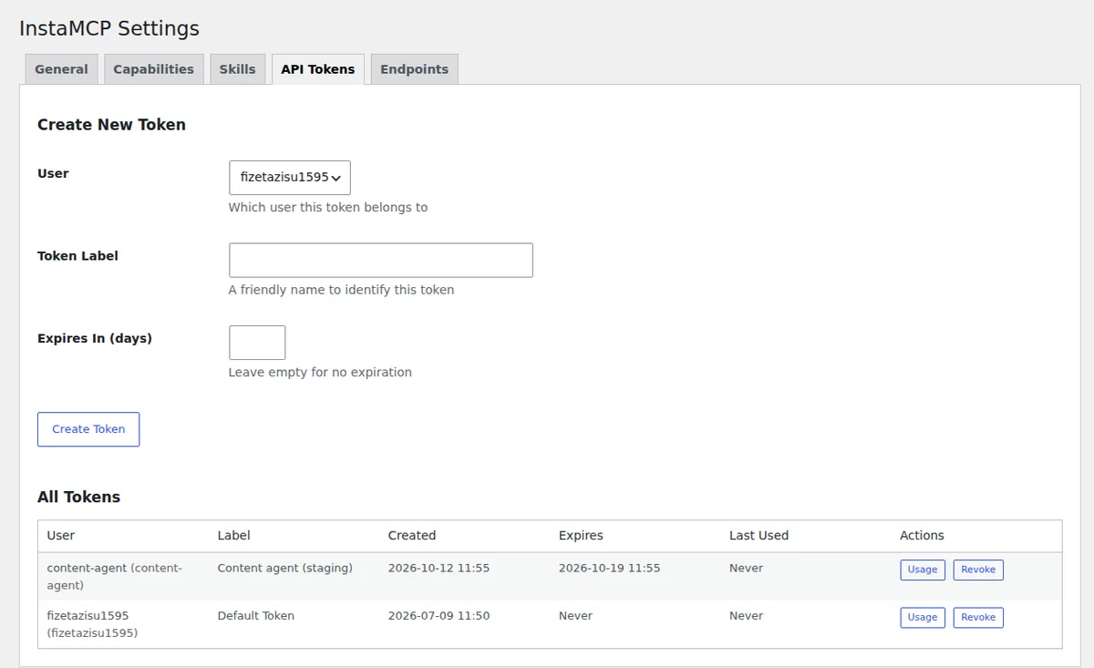 The InstaMCP API Tokens tab in WordPress admin, with the Create New Token form and an All Tokens list showing a Content agent (staging) token for the content-agent user, created 12 October 2026 and expiring 19 October 2026, above the administrator's Default Token, which never expires.