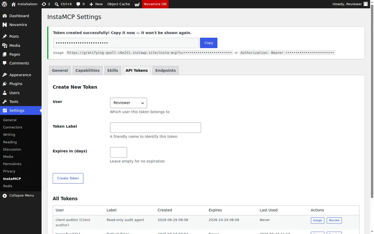 InstaMCP API Tokens tab with a token for a Subscriber user that expires in 30 days