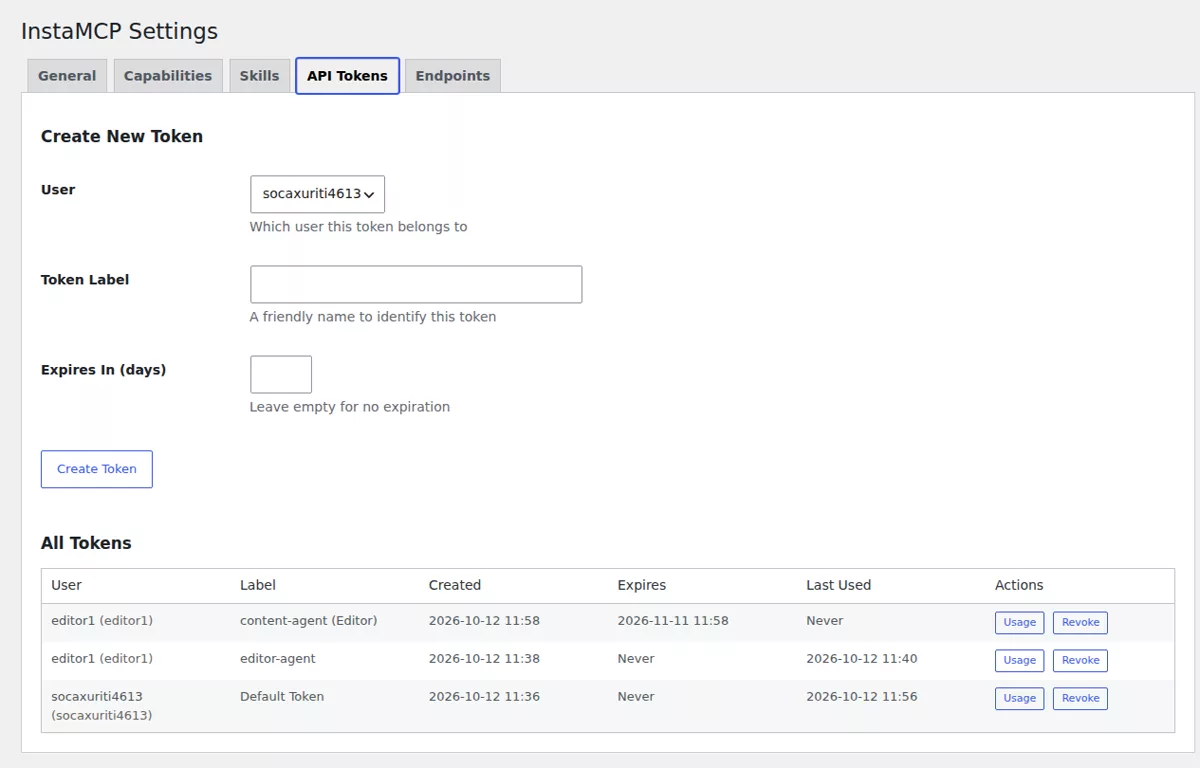 InstaMCP API Tokens tab with the Create New Token form and a 30-day token issued to an Editor account next to the default administrator token