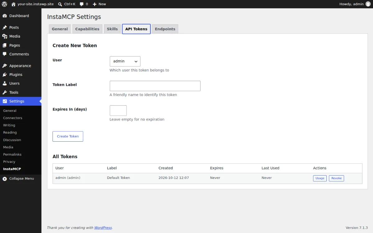 InstaMCP Settings API Tokens tab in WordPress admin: pick the user, add a label and an optional expiry, then Create Token
