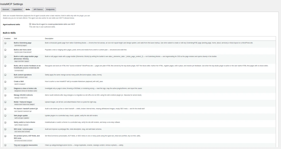 InstaMCP Skills tab in WordPress admin listing the built-in skills, including Build a Gutenberg page (gutenberg-pages) and Build or edit a page-builder page for Elementor and Bricks (page-builder-pages)