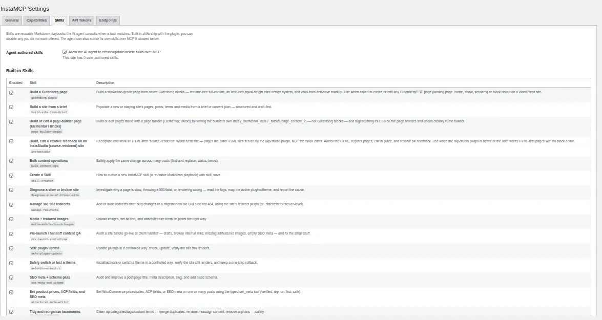 InstaMCP Skills tab listing built-in WordPress skills with enable checkboxes