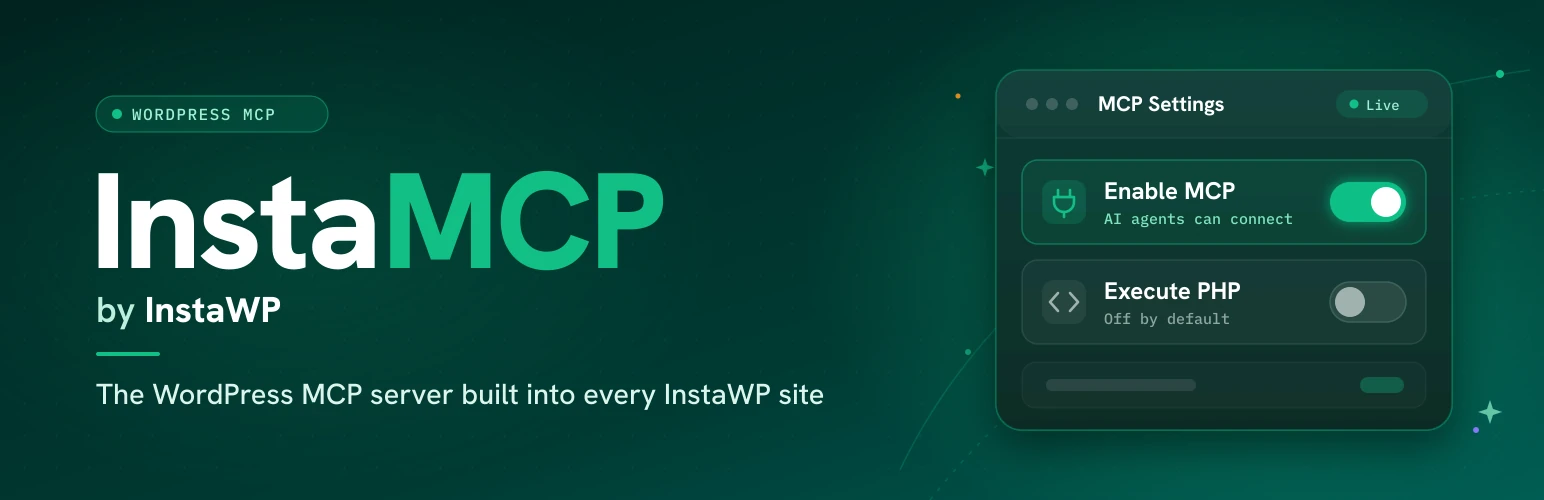 InstaMCP by InstaWP banner with an MCP settings card showing Enable MCP on and Execute PHP off