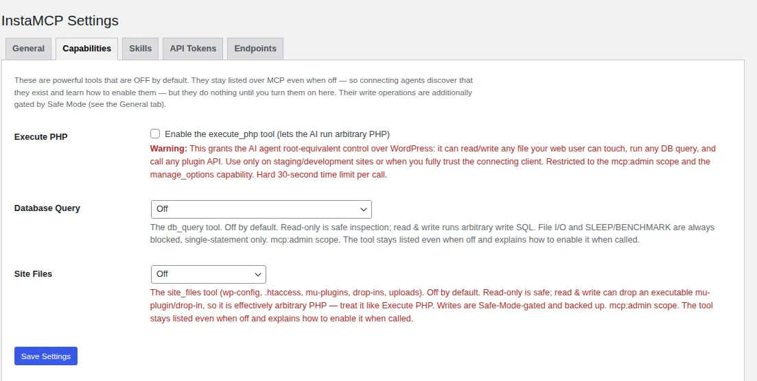 InstaMCP Capabilities tab: Execute PHP, Database Query and Site Files are off by default