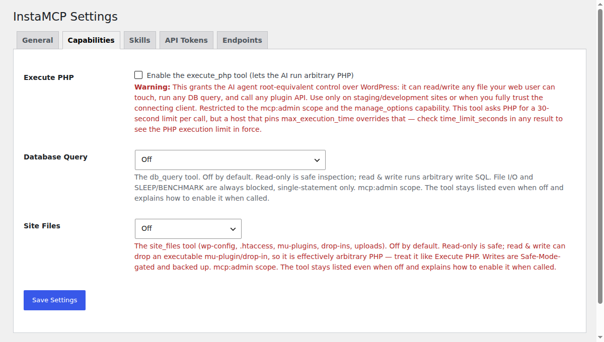 The InstaMCP Capabilities tab in wp-admin on a fresh install, with Execute PHP unchecked and both Database Query and Site Files set to Off.