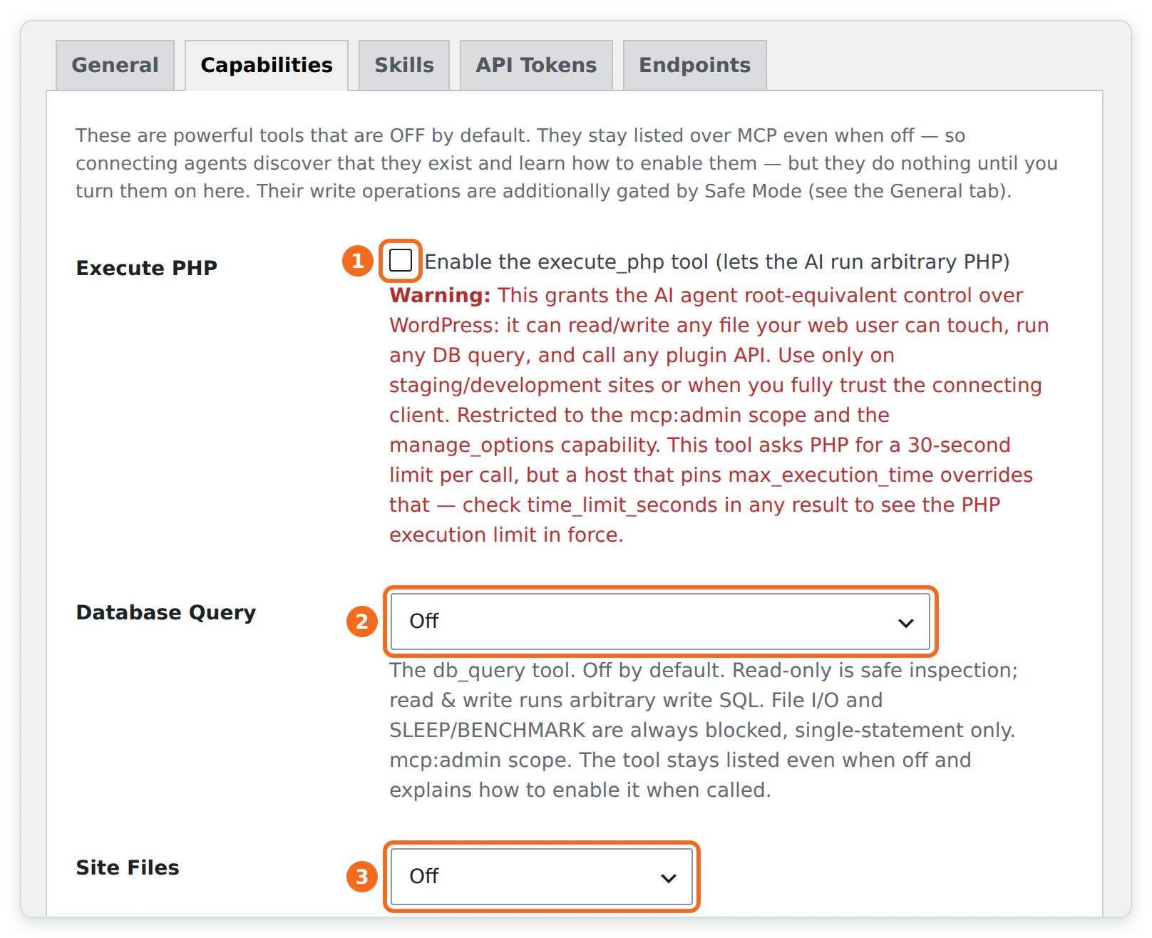 The Capabilities tab of InstaMCP settings, with the Execute PHP checkbox unticked and the Database Query and Site Files tools both set to Off, each with a warning about what the tool can do.