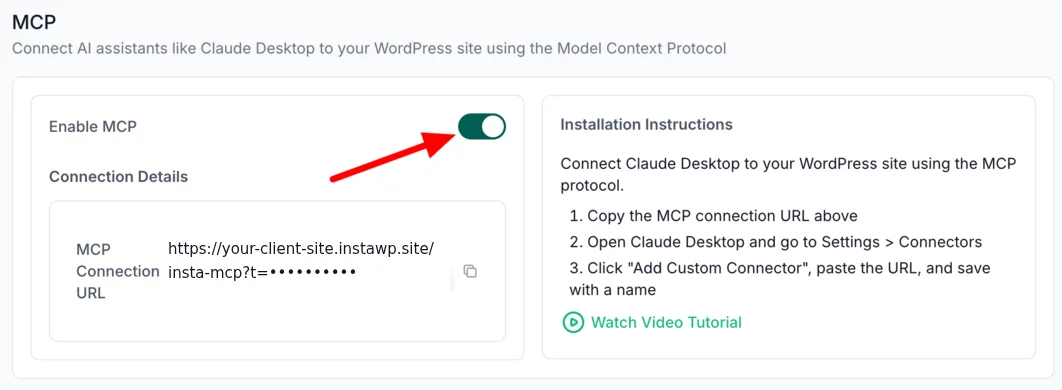 The site MCP page in the InstaWP dashboard with the Enable MCP toggle switched on and the site connection URL below it, token hidden.