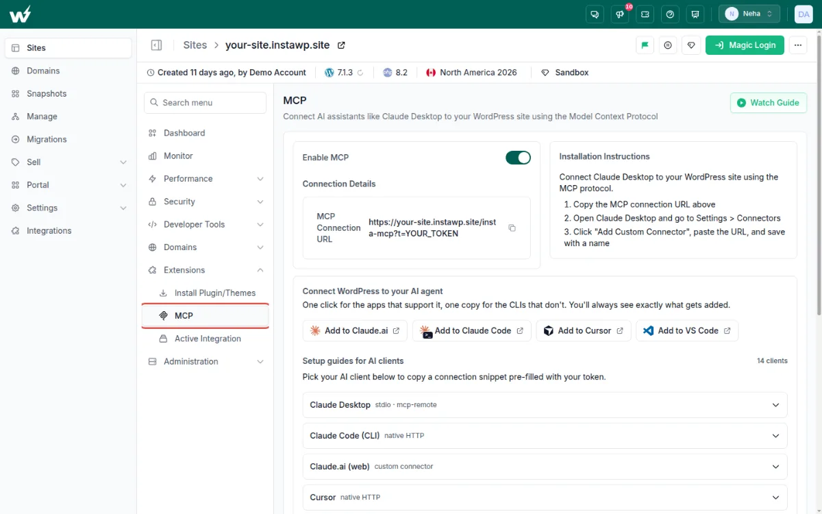 Site detail page in the InstaWP dashboard with Extensions expanded and MCP selected in the left menu