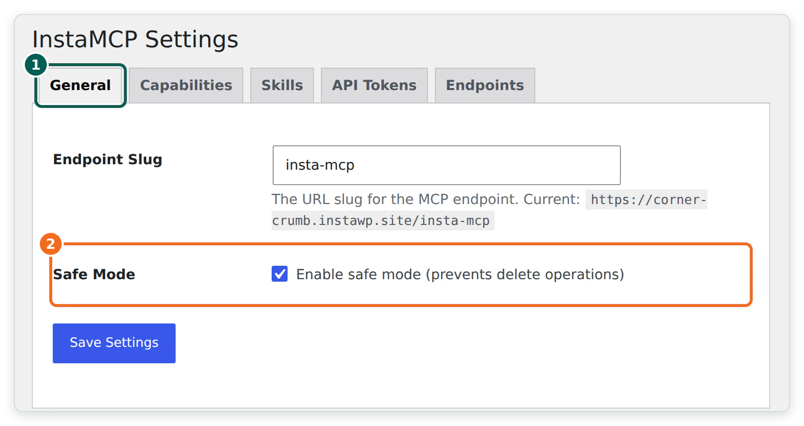 The General tab of InstaMCP settings in WordPress admin, with the endpoint slug insta-mcp and the Safe Mode checkbox ticked.