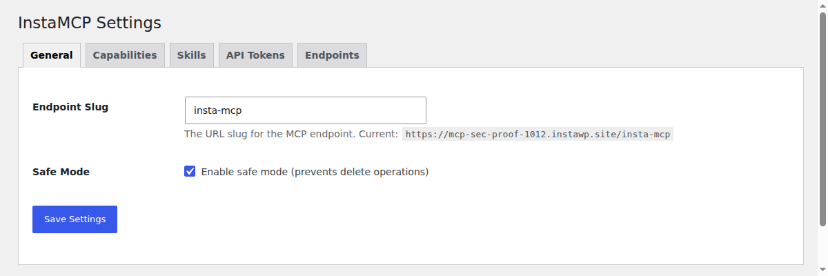 The InstaMCP General tab in wp-admin with the Safe Mode checkbox ticked, labelled Enable safe mode (prevents delete operations).