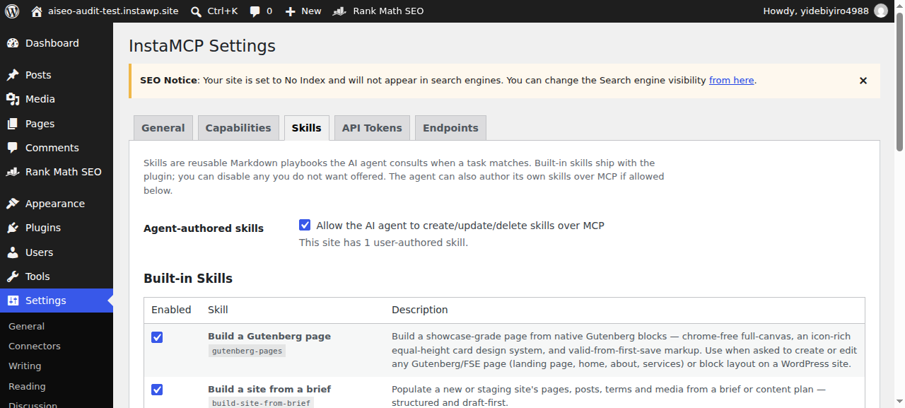 InstaMCP Skills tab in WordPress admin showing Agent-authored skills enabled, one user-authored skill saved over MCP, the built-in skills list, and a Rank Math notice that the test site is set to No Index