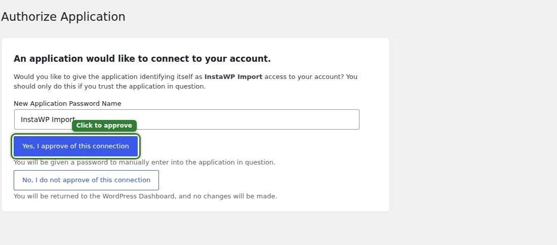 WordPress Authorize Application screen approving the InstaWP Import connection with an application password