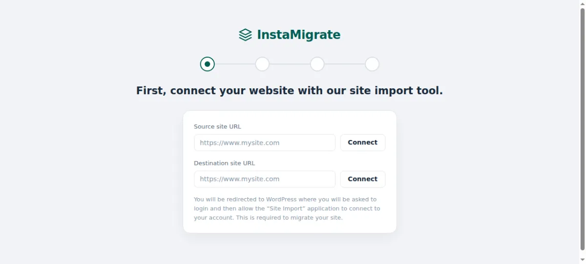 InstaMigrate connect screen with Source site URL and Destination site URL fields