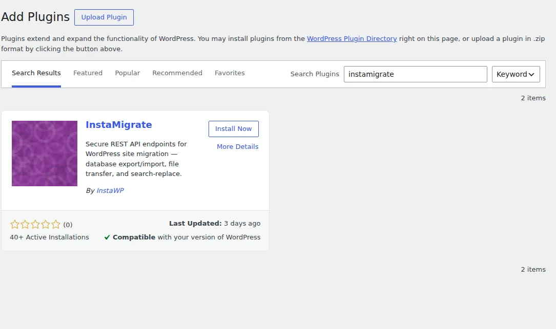 WordPress Add Plugins screen on a WP Engine site, searching for the InstaMigrate plugin with Install Now