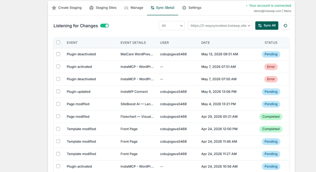 The InstaWP Connect Sync (Beta) tab listing recorded staging events such as plugin activated, page modified and template modified, with their status