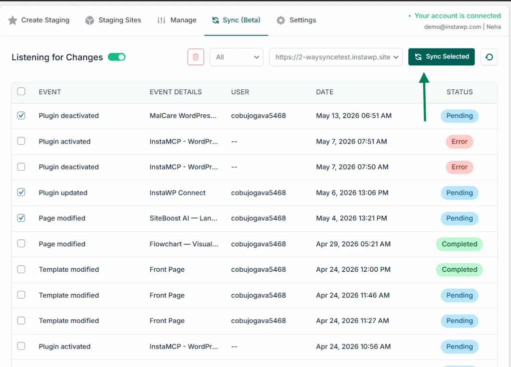 Selecting individual recorded events in the InstaWP Connect Sync (Beta) tab and syncing them to the live site with Sync Selected