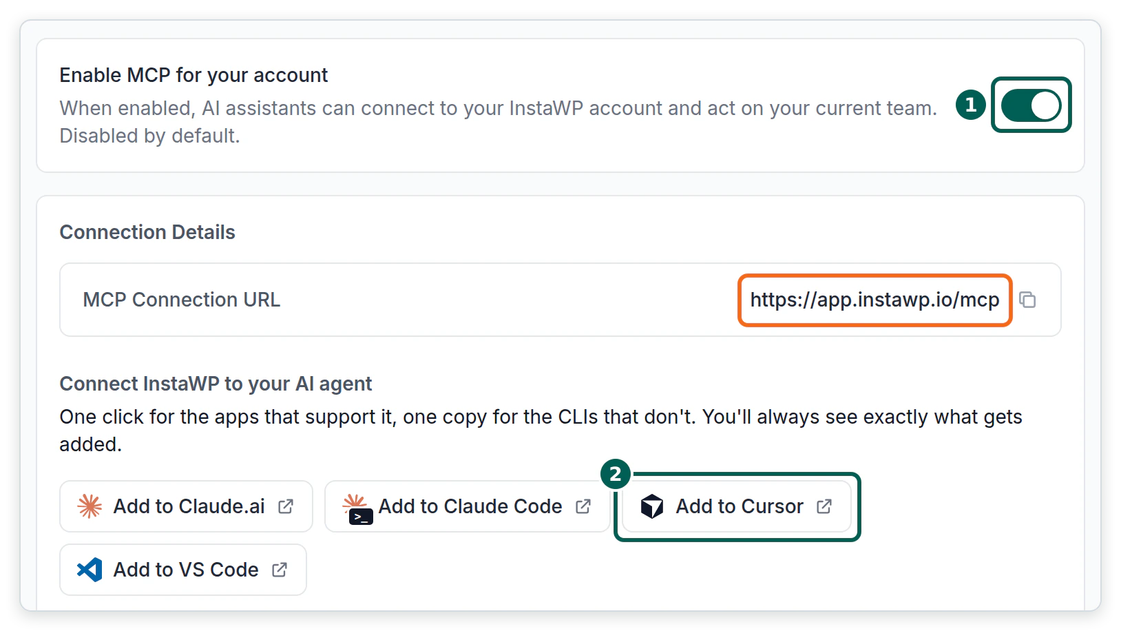 The InstaWP account MCP settings page with Enable MCP for your account switched on, the connection URL https://app.instawp.io/mcp, and an Add to Cursor button.