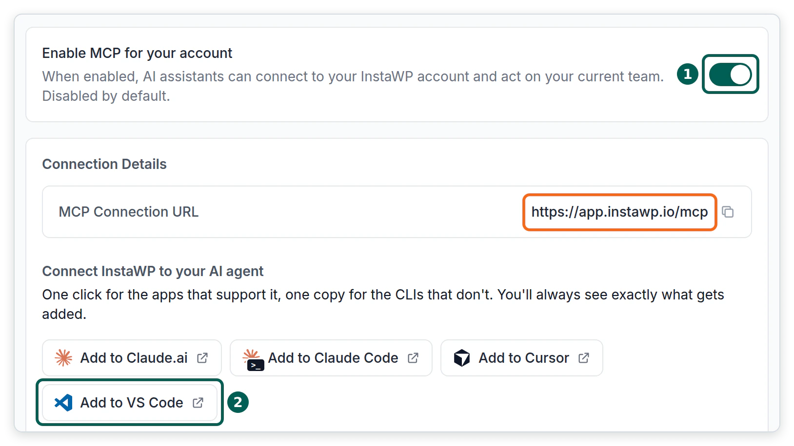 The InstaWP account MCP settings with Enable MCP for your account switched on, the connection URL https://app.instawp.io/mcp, and the Add to VS Code button highlighted.