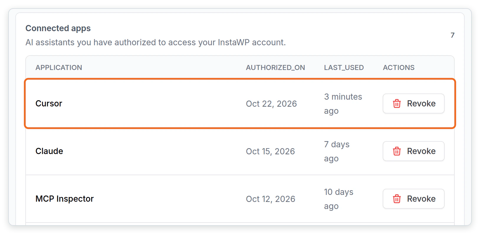 The Connected apps list on the InstaWP account MCP page, showing Cursor authorized on 22 October 2026 and last used minutes earlier, with a Revoke button on its row.
