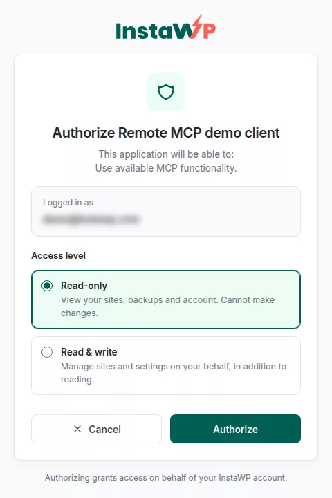 The InstaWP authorize screen for an MCP client, with Read-only selected rather than Read and write, and an Authorize button.